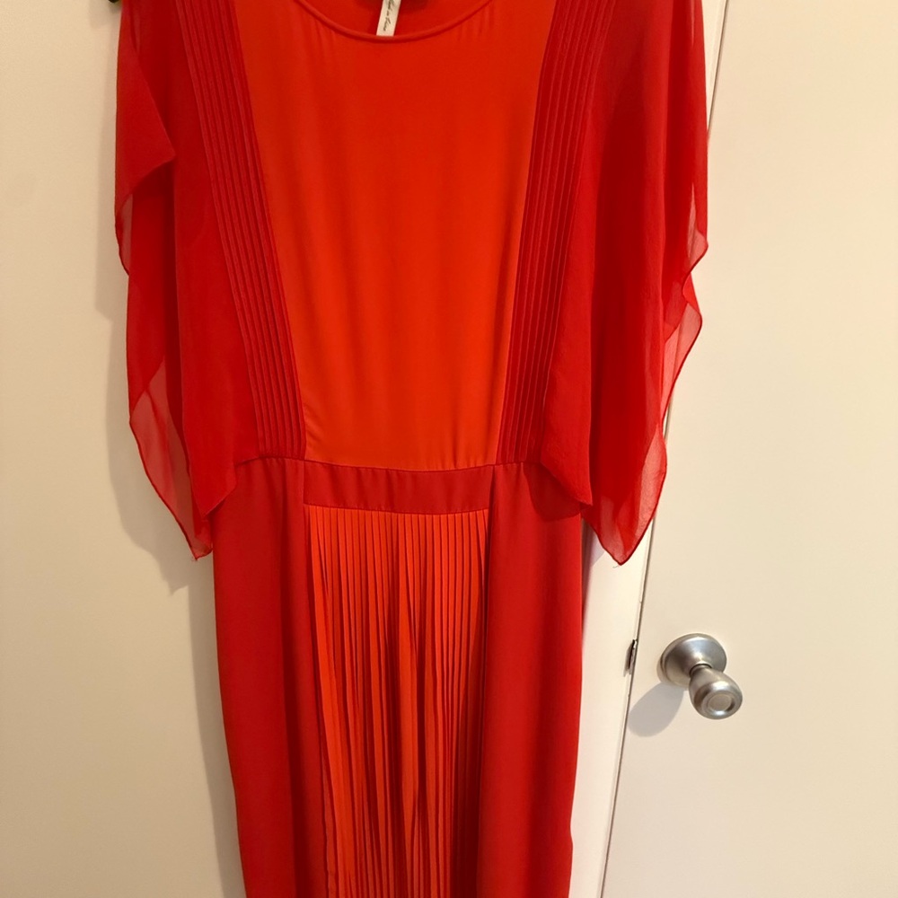 BCBG Red and Orange Midi Sleeveless Crew Neck cocktail dress